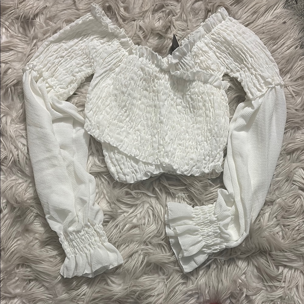 Parisian Works Cream Smocked Ruffled Long Sleeve Blouse